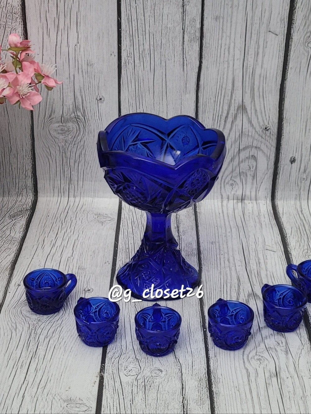 Cobalt Blue Cut Glass Compote with Matching Creamer Set
